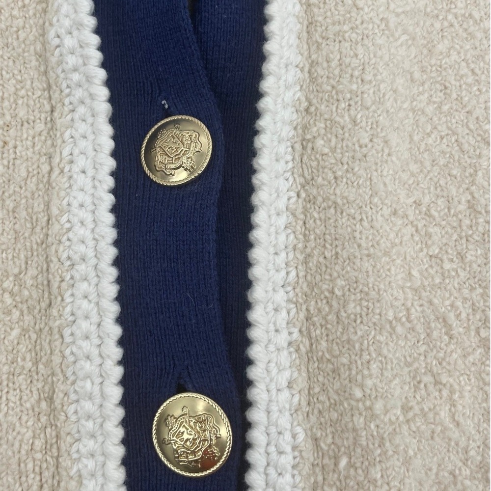 J.Crew Cardigan Sweater Large Beige Excellent Gold Crest Buttons Boucle Trim - Picture 5 of 8